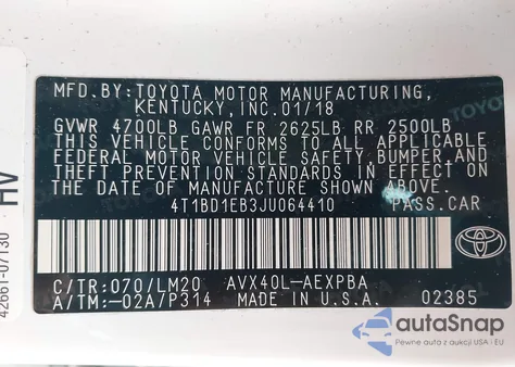 2018 Toyota Avalon Hybrid Limited from USA, damaged, VIN 4T1BD1EB3JU064410